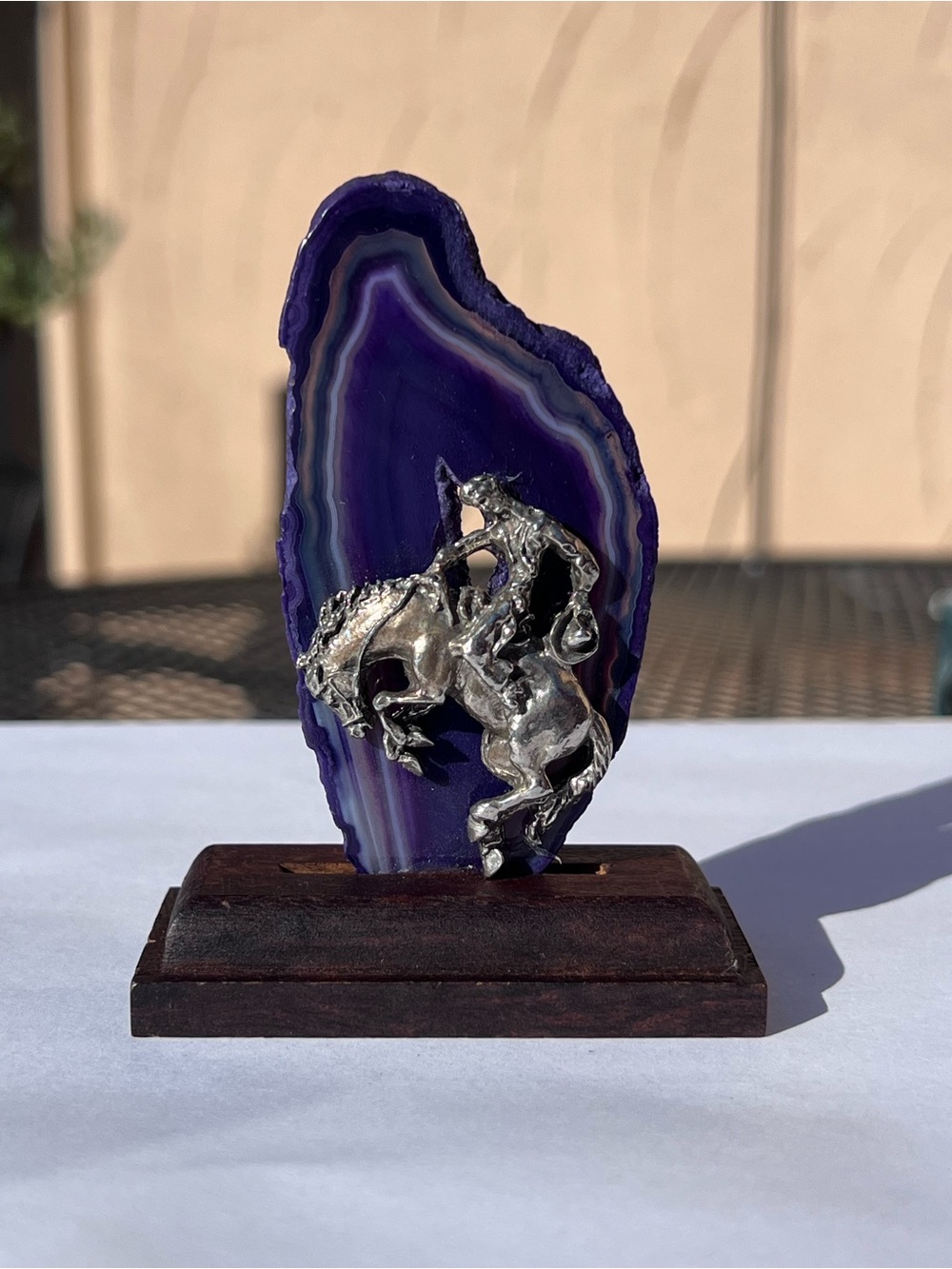 Silver Pewter Horse on Purple Agate Slice - Home Art Decor